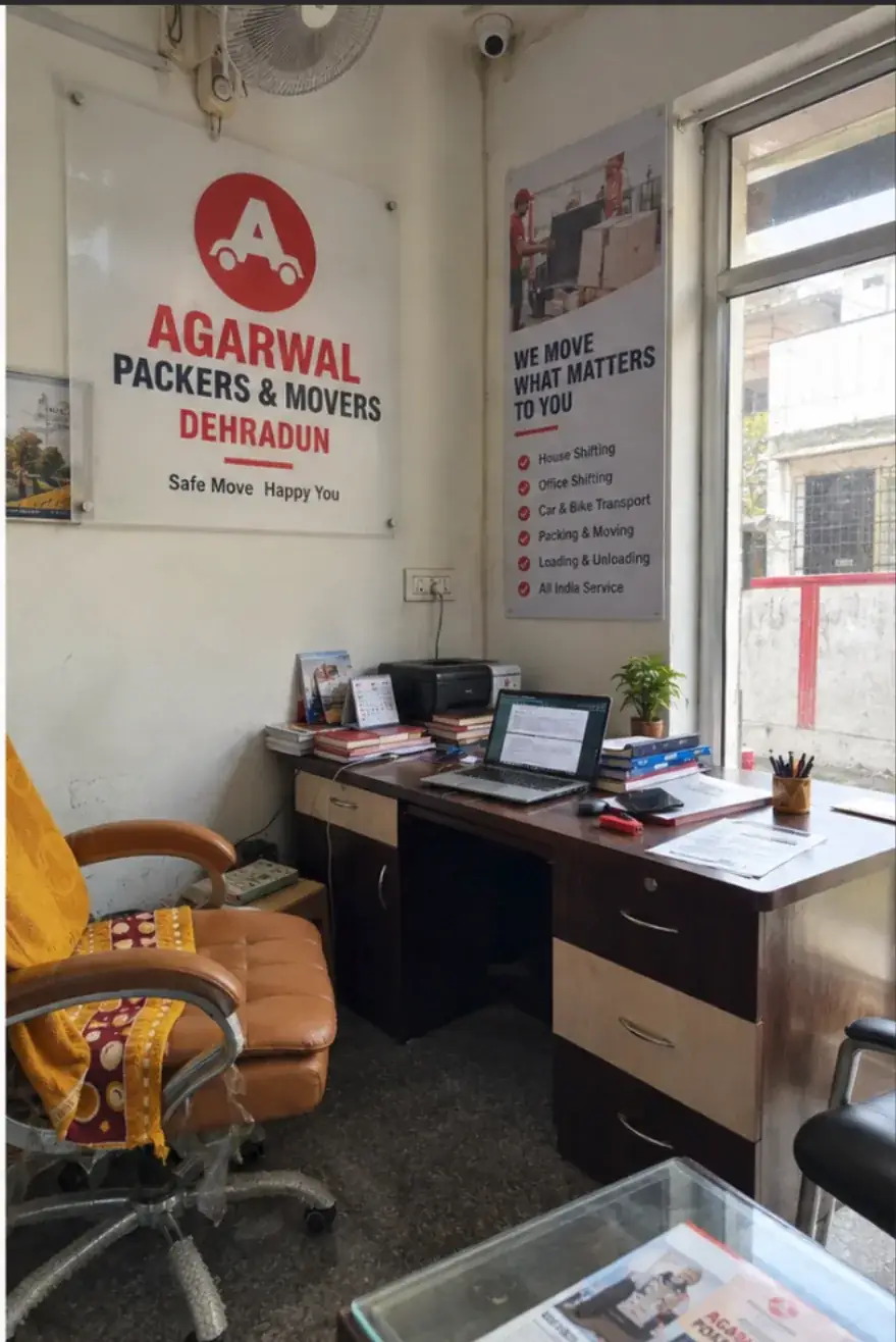 Inside the Agarwal Packers and Movers office on EC Road, Dehradun, where quotes are prepared