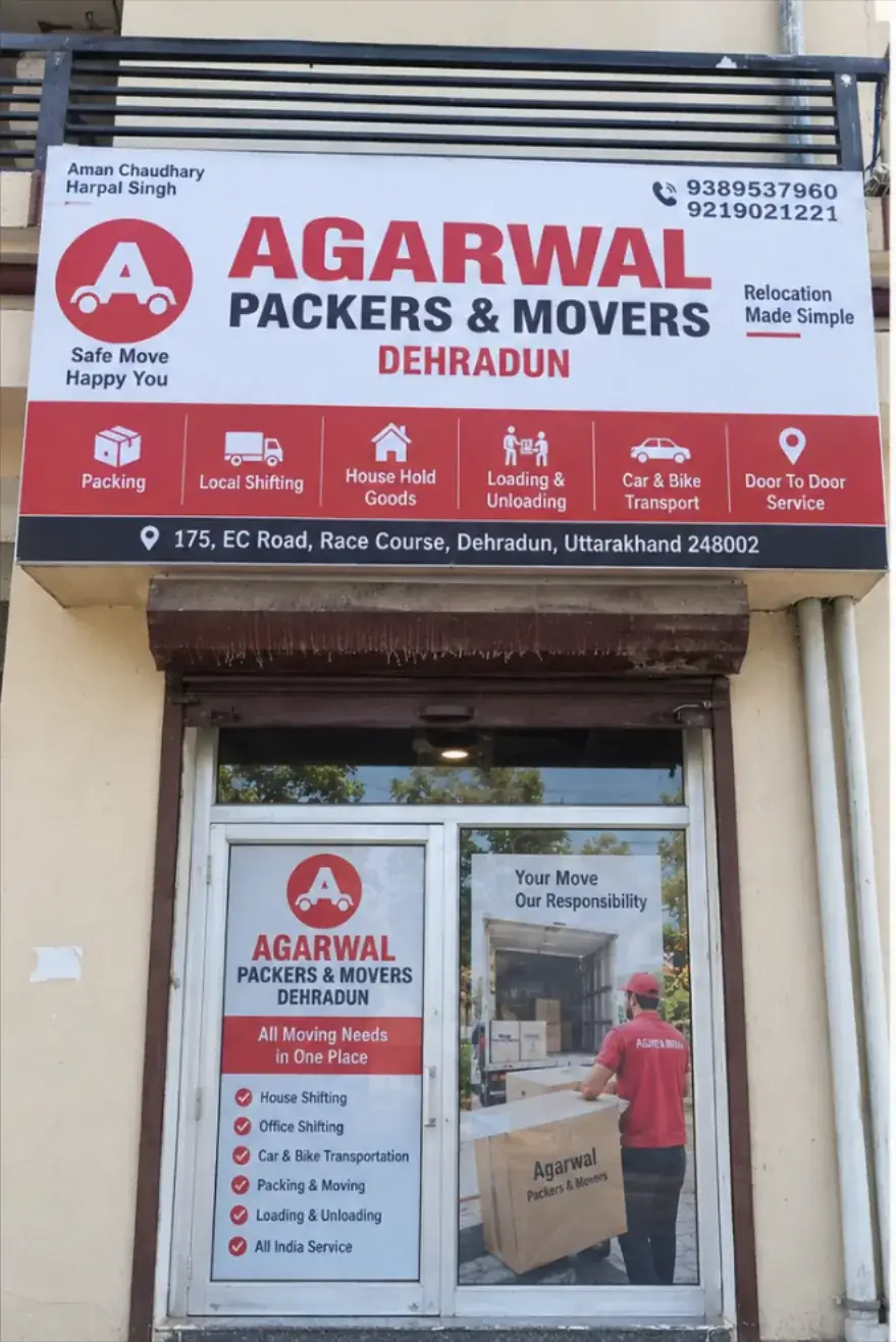 Signboard and entrance of the Agarwal Packers and Movers office at 175 EC Road, Race Course, Dehradun