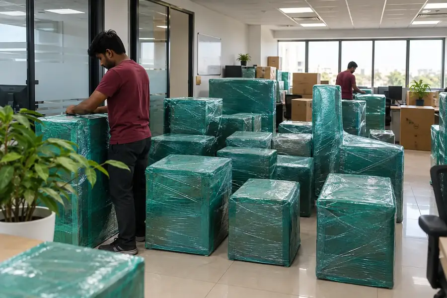 Office chairs and computer equipment wrapped in stretch film, ready to move to a new office